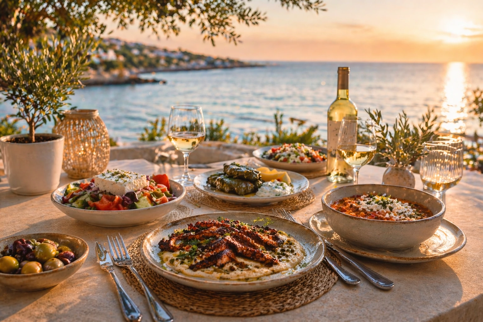 Mediterranean dining table with Greek dishes near the coast.