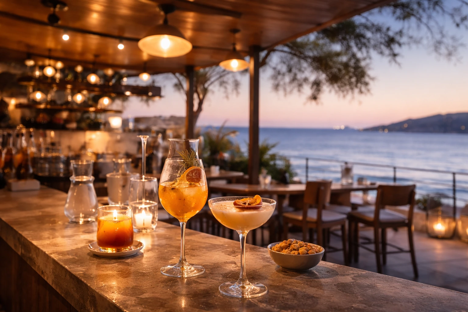 Evening coastal cocktail setting for a night out near Rafina.